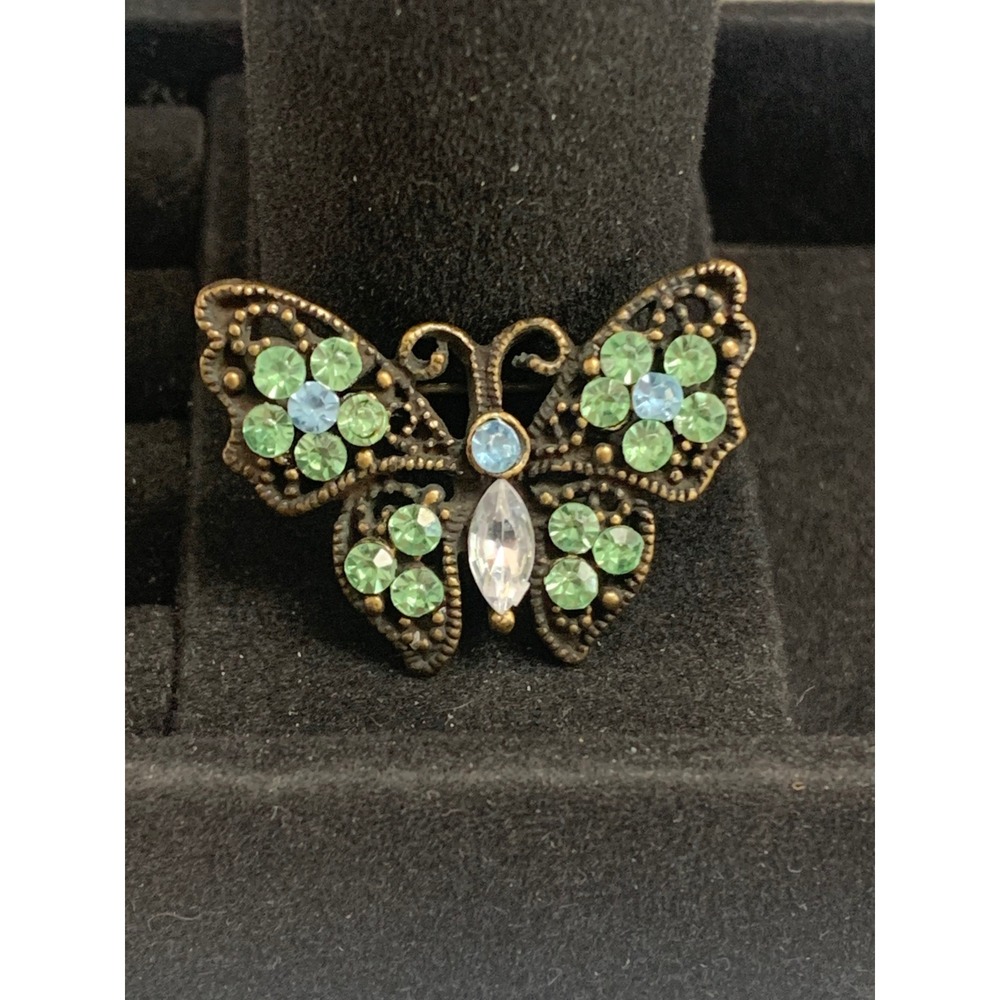 Vintage Bronze Tone Butterfly Brooch Green Blue Rhinestone Filigree Pin 5055
